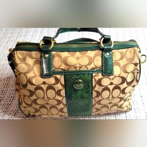 Coach Signature Canvas Satchel with Green Trim and Gold Hardware